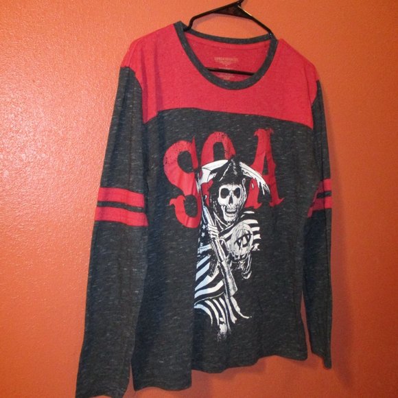 Sons Of Anarchy Men Large Red Black White Graphic Skull Reaper Long Sleeve Shirt - Picture 3 of 6